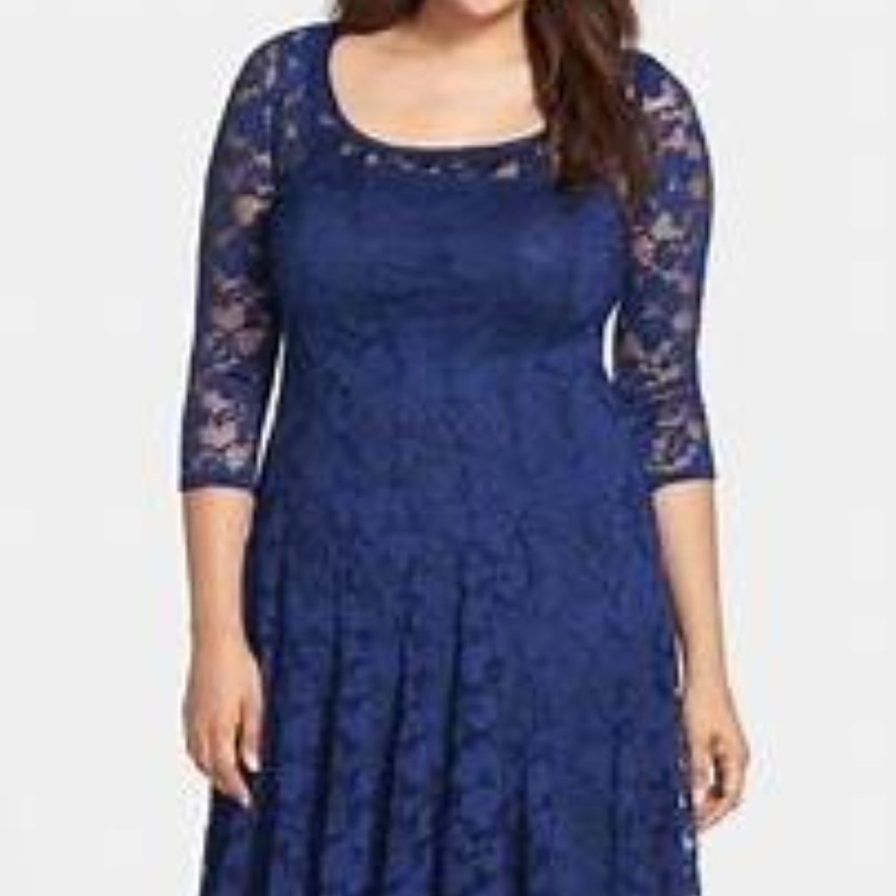 SIZE:20W CHETTA B ROYAL BLUE LACE 3/4 SLV FIT&FLARE DRESS